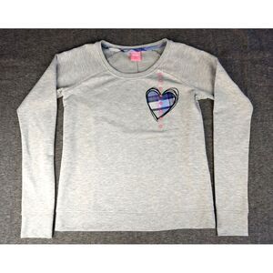 Jenni Intimates Heather Grey Sweatshirt Sweater Plaid Heart Ribbed Cuffs Hem NEW